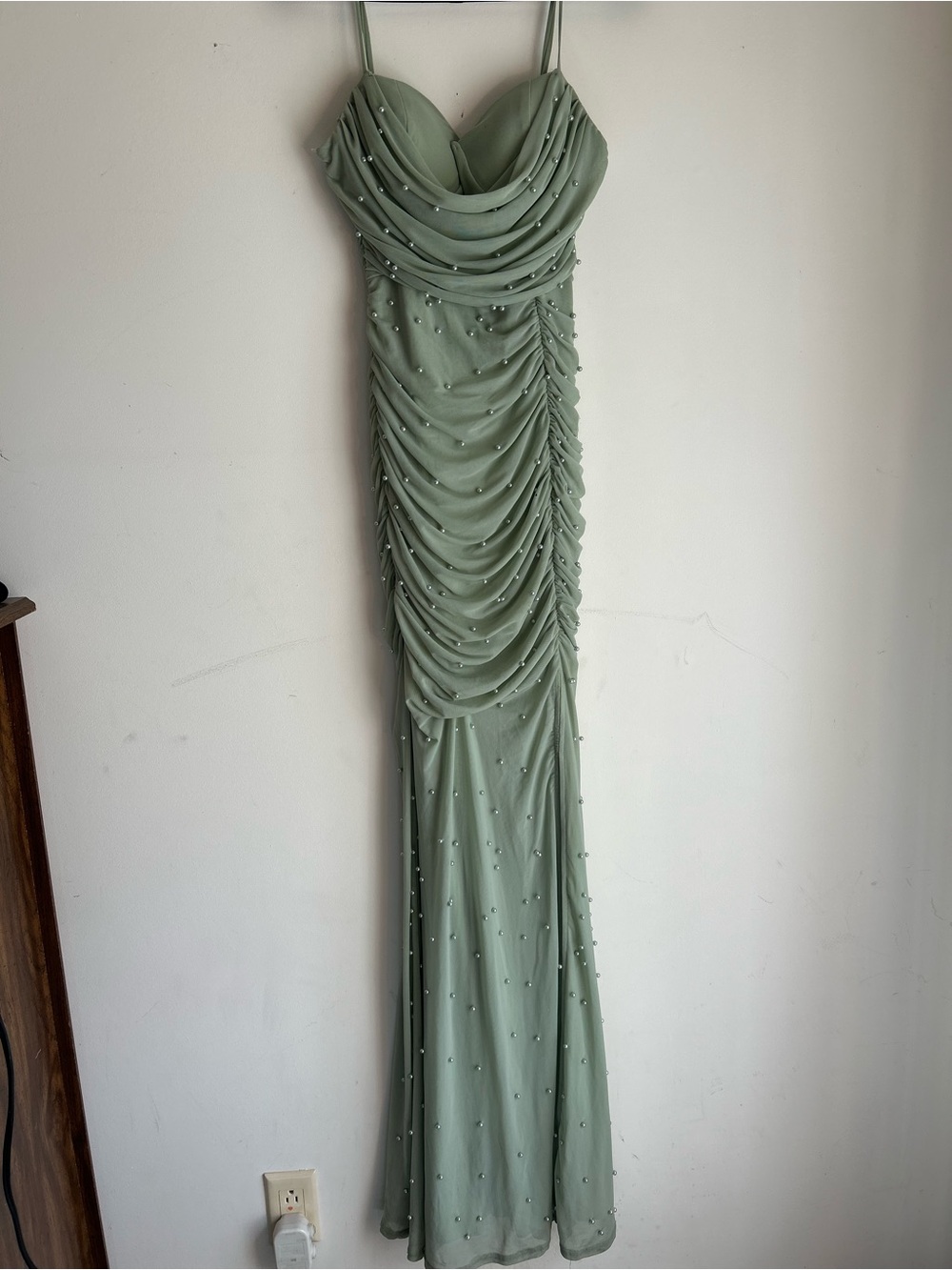 Windsor Sage Green Beaded Ruched Maxi Dress